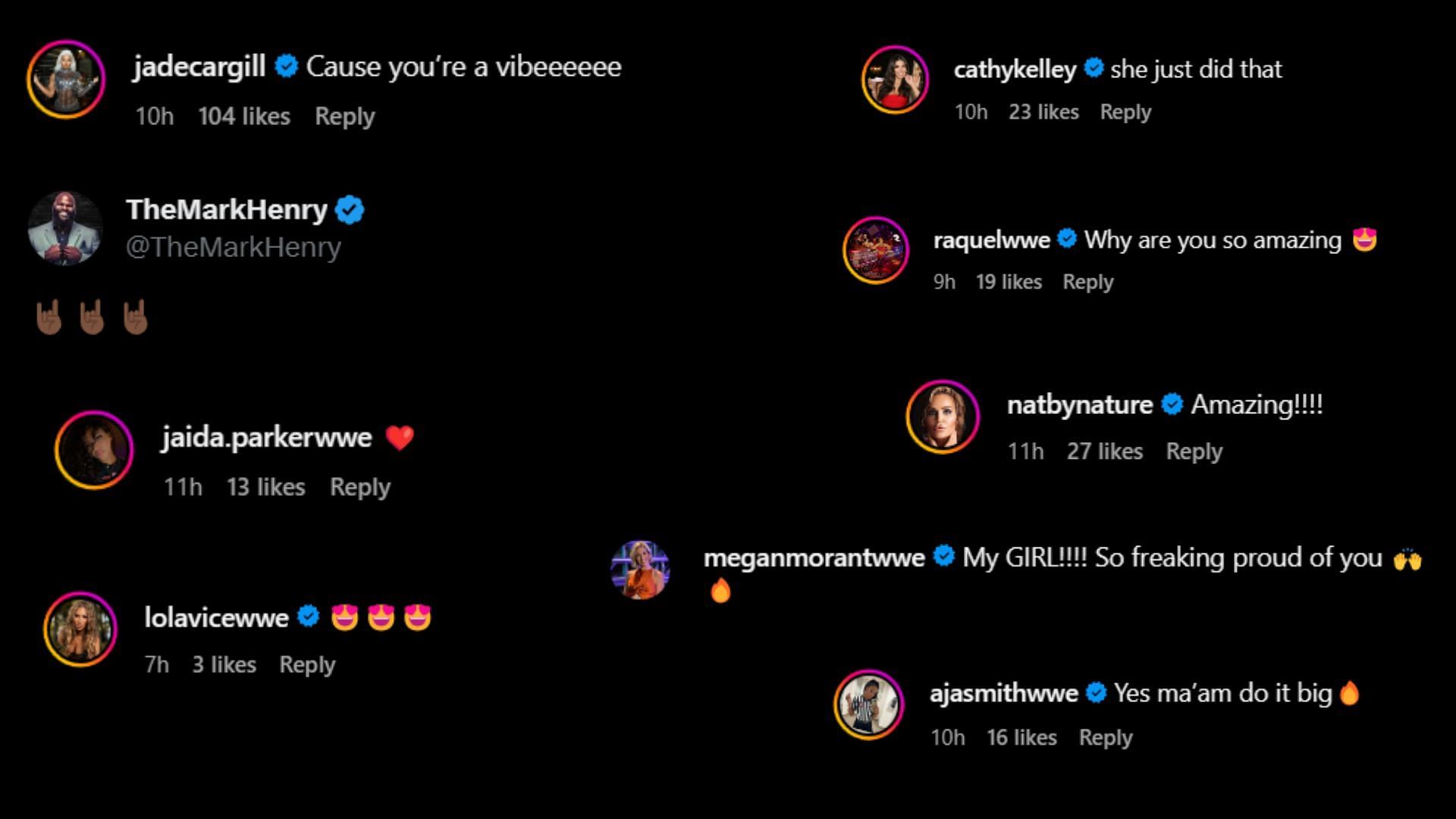 Screenshot of WWE personalities reacting to Samantha Irvin's post